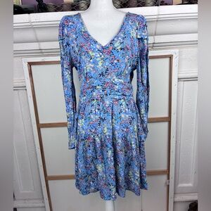 Y.A.S. Floral Blue , Cottagecore V-Neck Dress fitted ruched waist